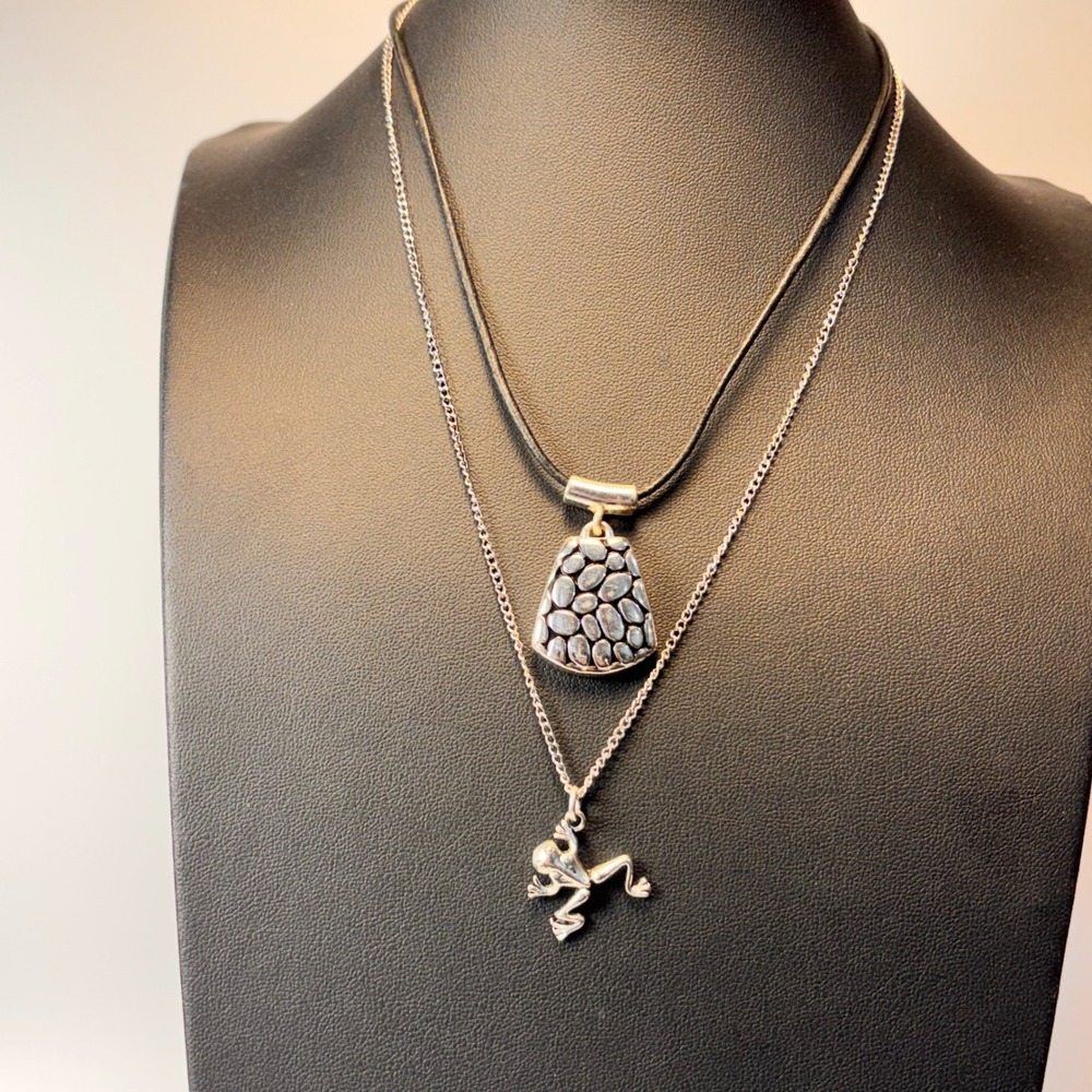 Vintage Napier Pendant Necklace Set Silver Frog Charm Boho Whimsygoth Statement